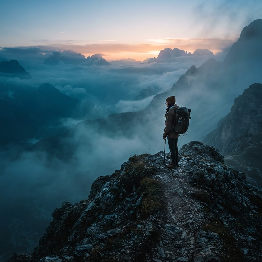 A lone traveler on a misty mountain ridge at dawn