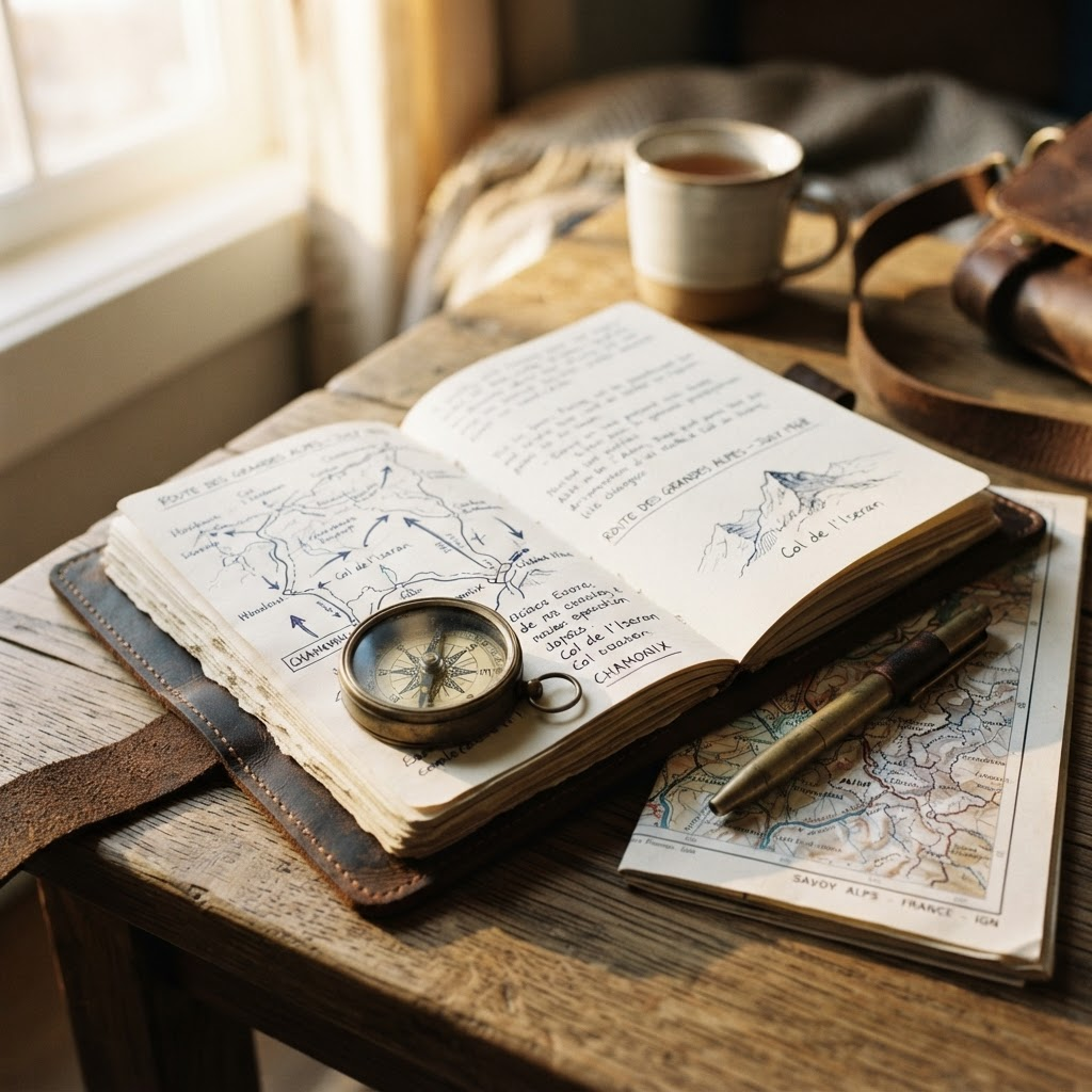 An open travel journal with a vintage compass and map