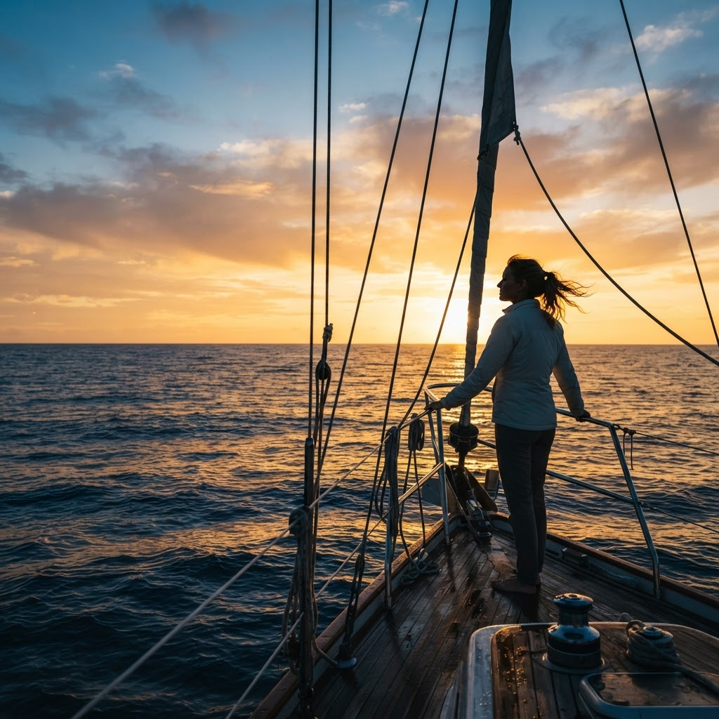 Traveler on a sailboat at sea