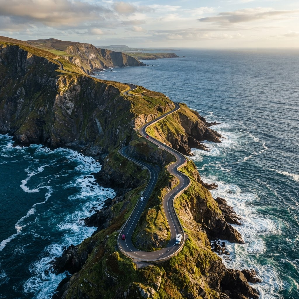 Winding coastal road along ocean cliffs