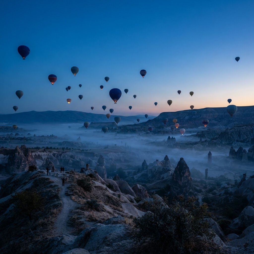 Hot air balloons over a misty valley
