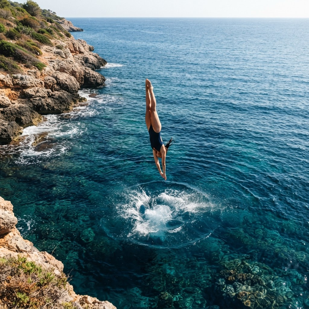 Person diving into clear blue ocean water