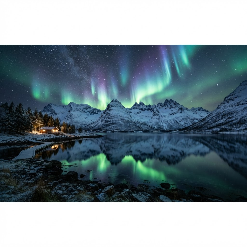 Northern lights over snowy mountains